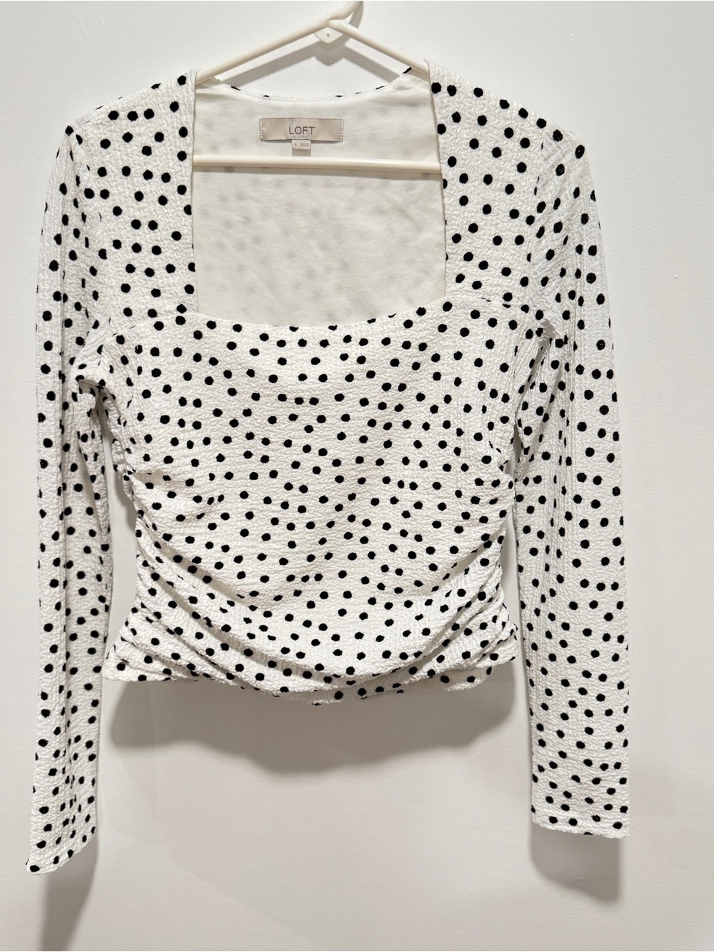 LOFT White Long Sleeve Square-Neck Black Polka Dot Top